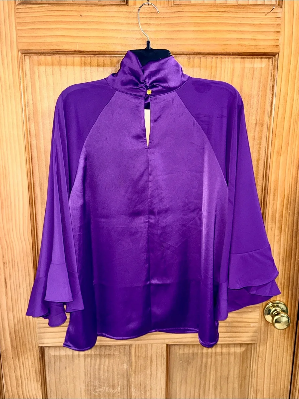 IMAN Purple Satin Keyhole Tie-Neck Blouse - Picture 7 of 11